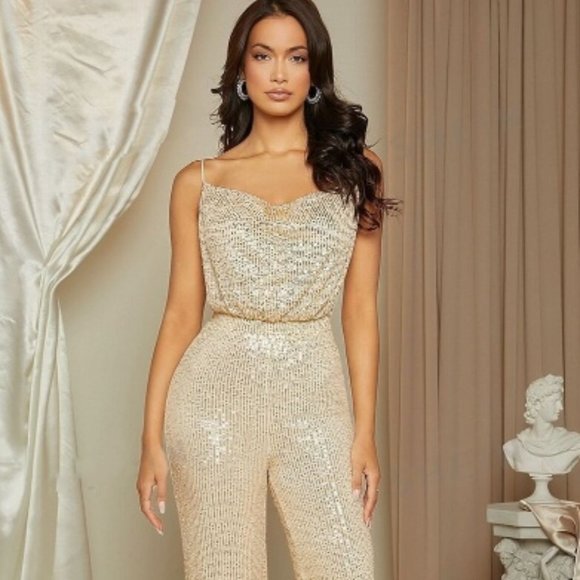 Beige Sequin Cami Jumpsuit - Picture 1 of 5